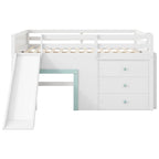 Full Size Low Loft Bed with Slide, 3 Drawers and 2 Doors