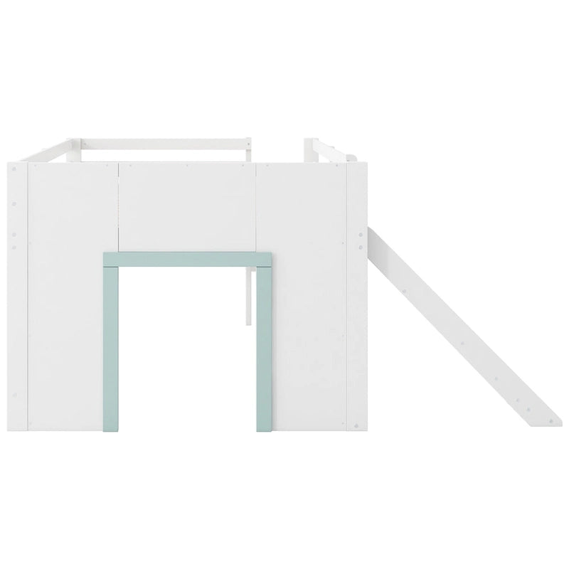 Full Size Low Loft Bed with Slide, 3 Drawers and 2 Doors