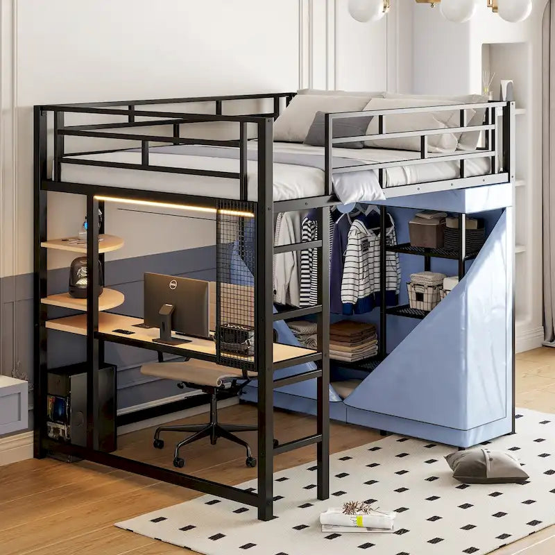Full Size Metal Loft Bed with Desk and Wardrobe