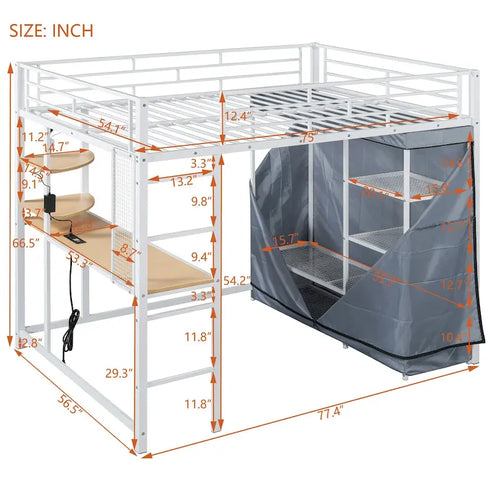 Full Size Metal Loft Bed with Desk and Wardrobe