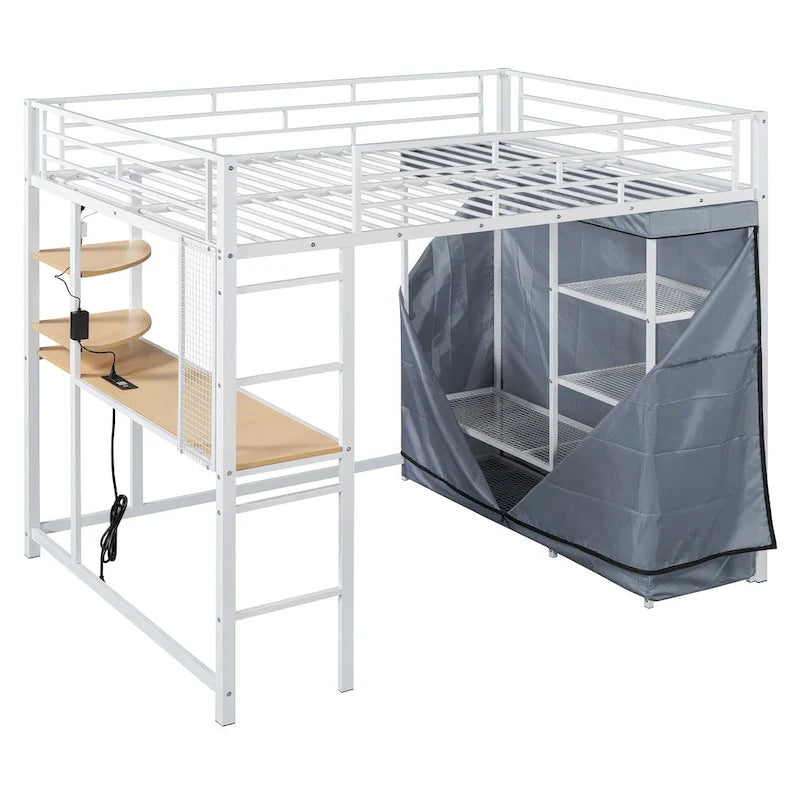 Full Size Metal Loft Bed with Desk and Wardrobe