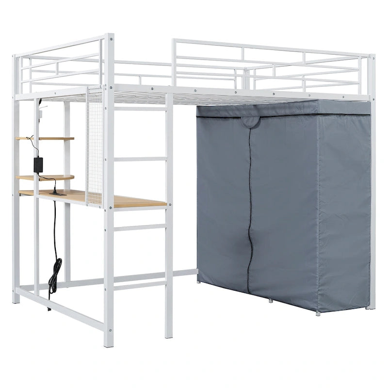 Full Size Metal Loft Bed with Desk and Wardrobe