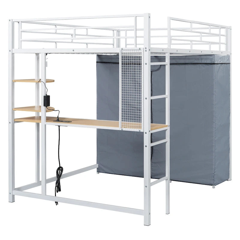 Full Size Metal Loft Bed with Desk and Wardrobe