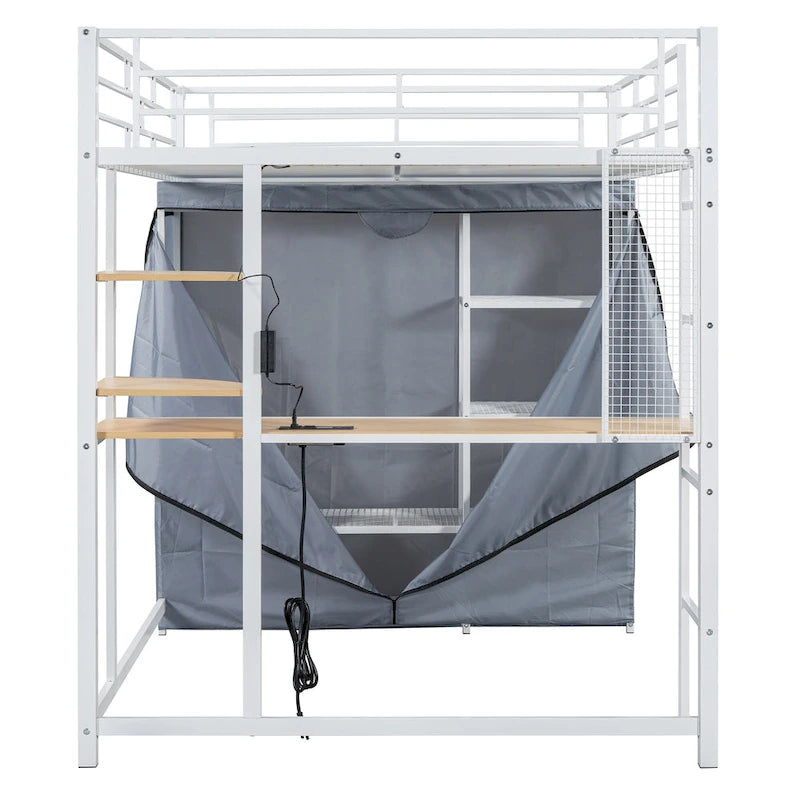 Full Size Metal Loft Bed with Desk and Wardrobe