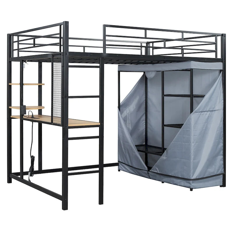 Full Size Metal Loft Bed with Desk and Wardrobe