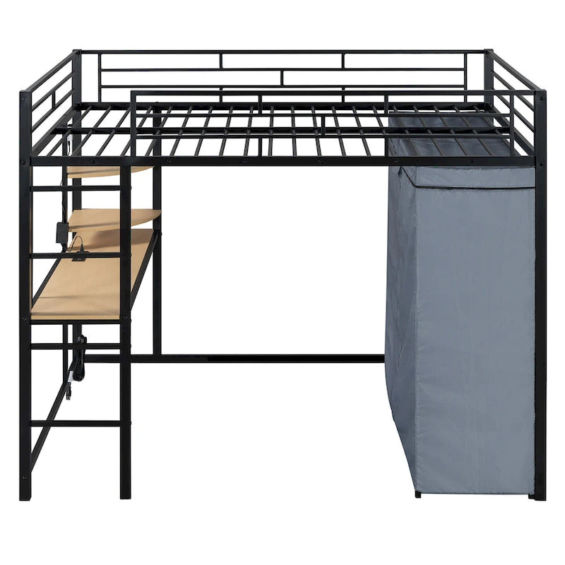 Full Size Metal Loft Bed with Desk and Wardrobe