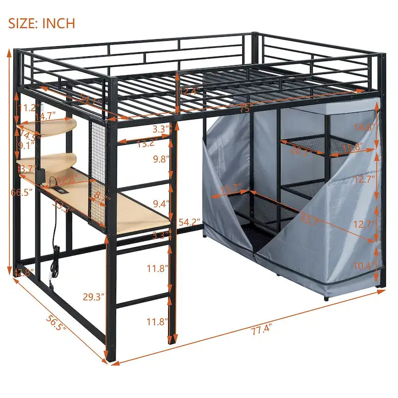 Full Size Metal Loft Bed with Desk and Wardrobe