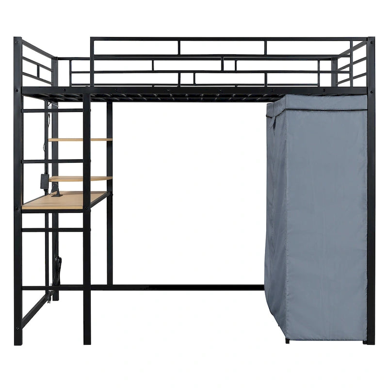 Full Size Metal Loft Bed with Desk and Wardrobe