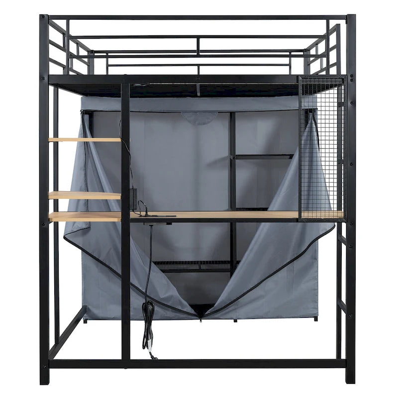 Full Size Metal Loft Bed with Desk and Wardrobe