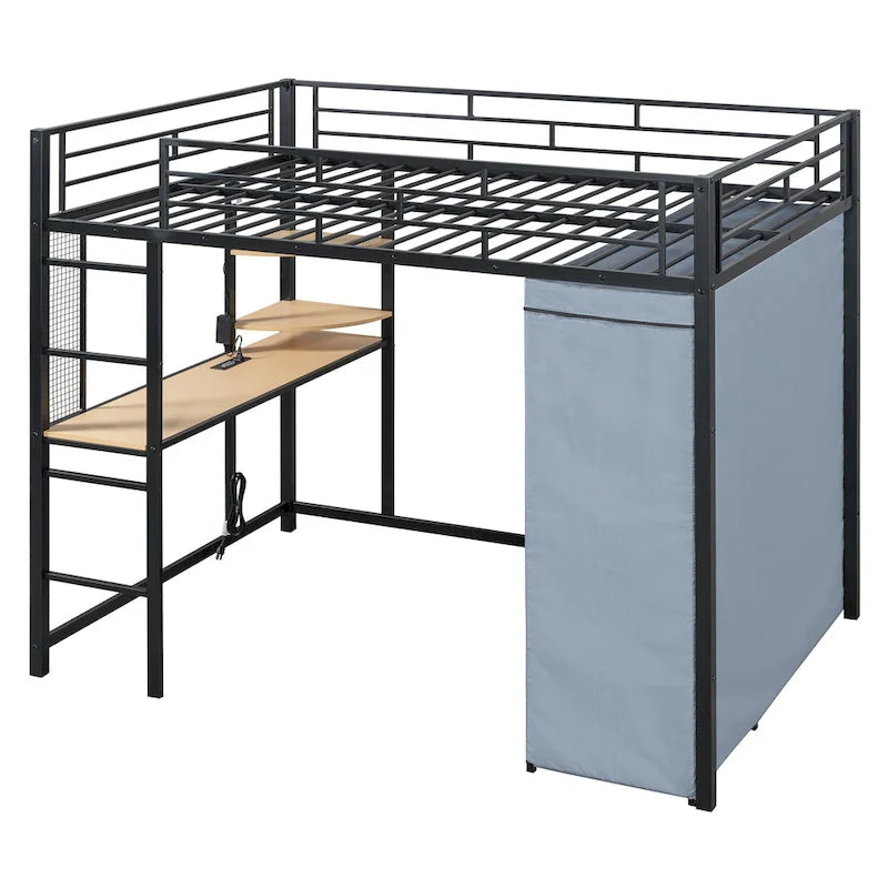 Full Size Metal Loft Bed with Desk and Wardrobe