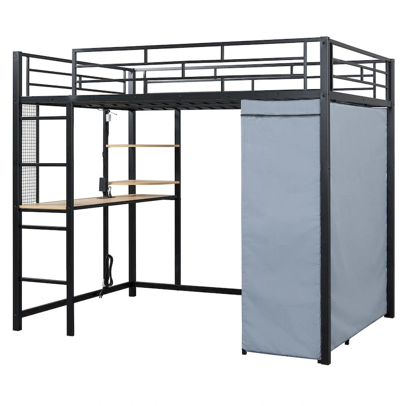 Full Size Metal Loft Bed with Desk and Wardrobe
