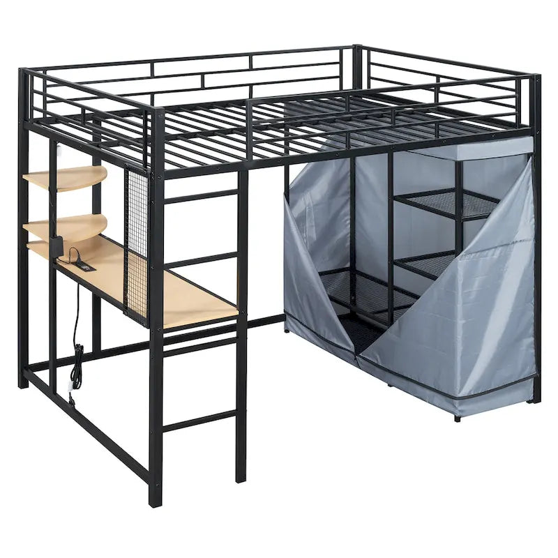 Full Size Metal Loft Bed with Desk and Wardrobe