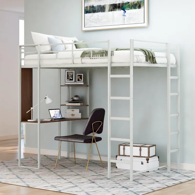 Twin Metal Loft Bed with Desk and Shelves