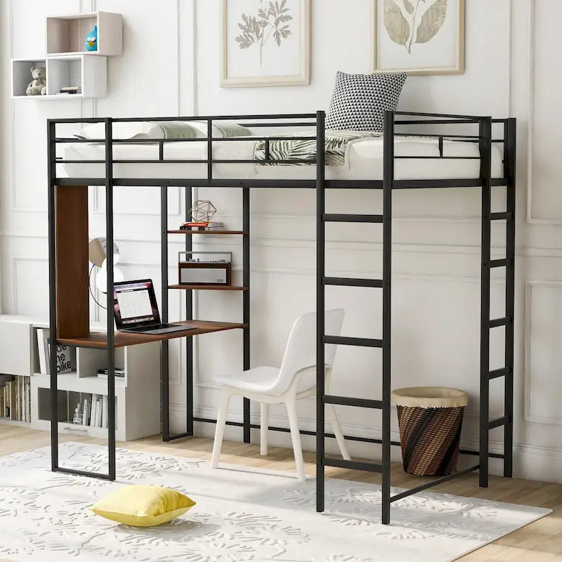 Twin Metal Loft Bed with Desk and Shelves