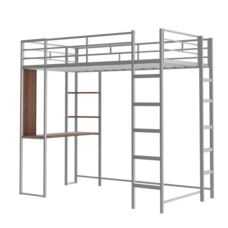 Twin Metal Loft Bed with Desk and Shelves