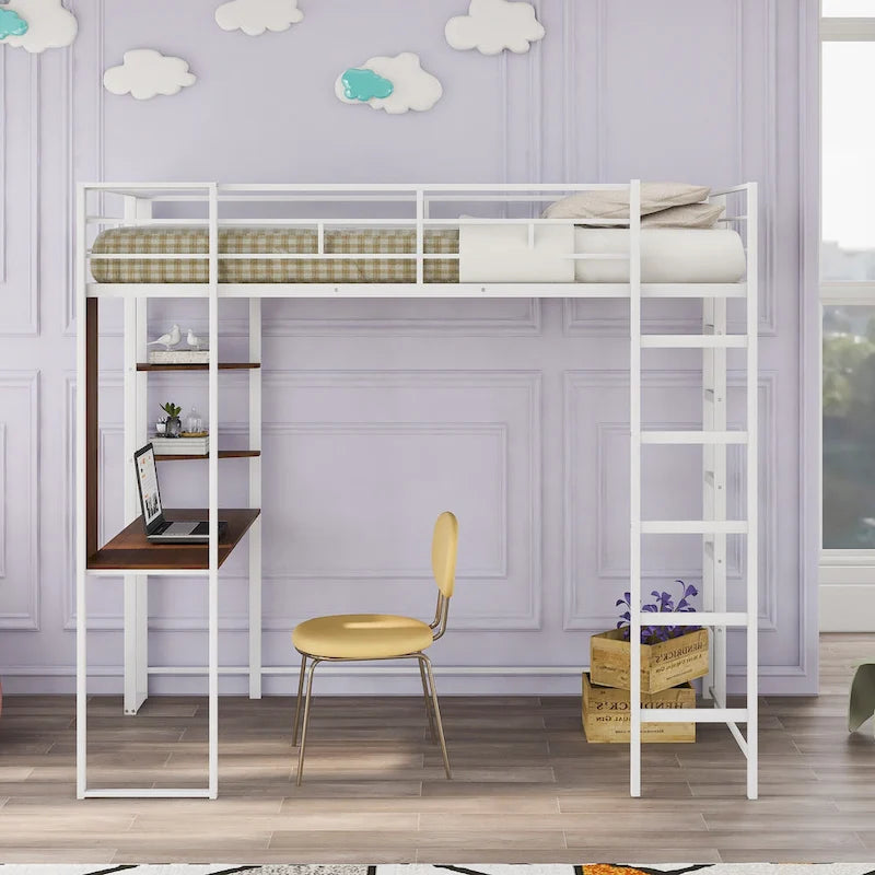 Twin Metal Loft Bed with Desk and Shelves