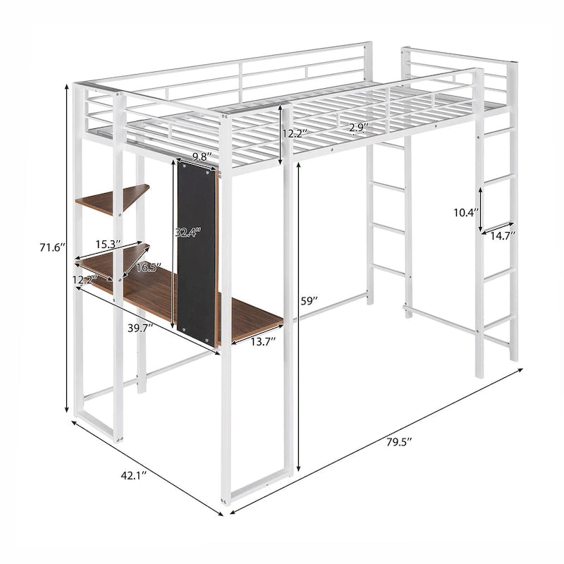 Twin Metal Loft Bed with Desk and Shelves