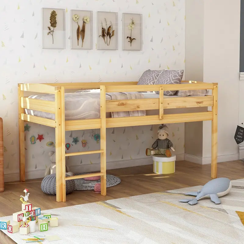 Twin Size Wood Low Loft Bed with Ladder and Guardrails