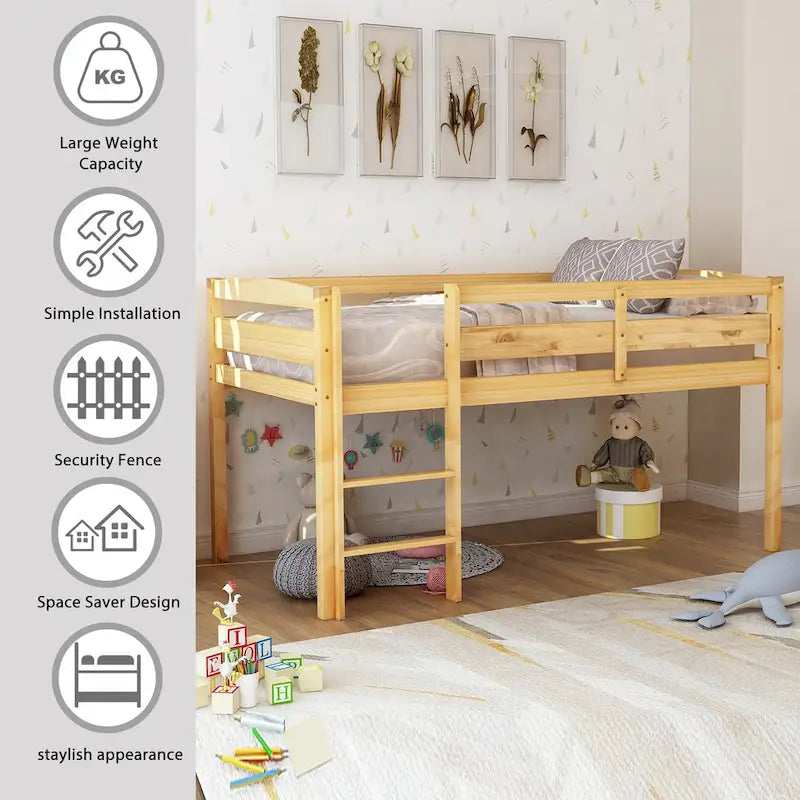 Twin Size Wood Low Loft Bed with Ladder and Guardrails