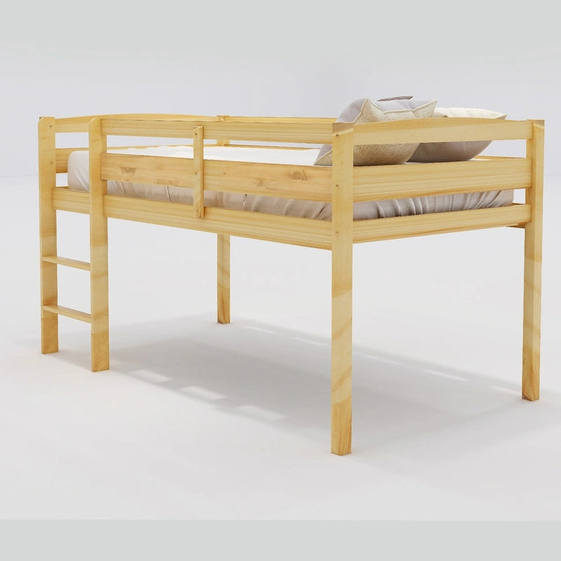 Twin Size Wood Low Loft Bed with Ladder and Guardrails