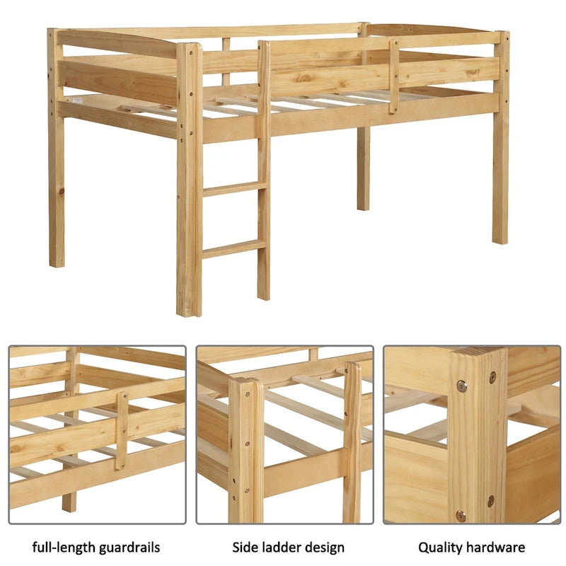 Twin Size Wood Low Loft Bed with Ladder and Guardrails