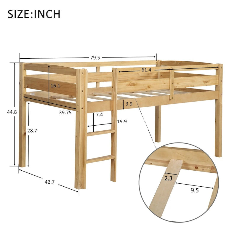 Twin Size Wood Low Loft Bed with Ladder and Guardrails
