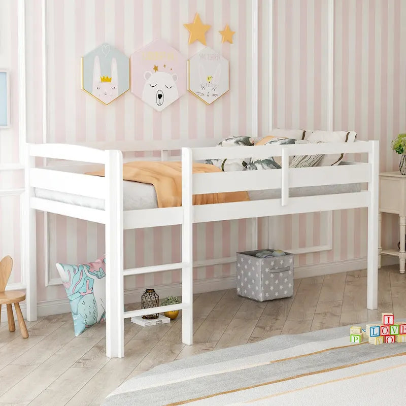 Twin Size Wood Low Loft Bed with Ladder and Guardrails