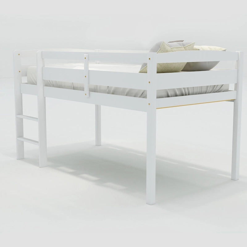 Twin Size Wood Low Loft Bed with Ladder and Guardrails