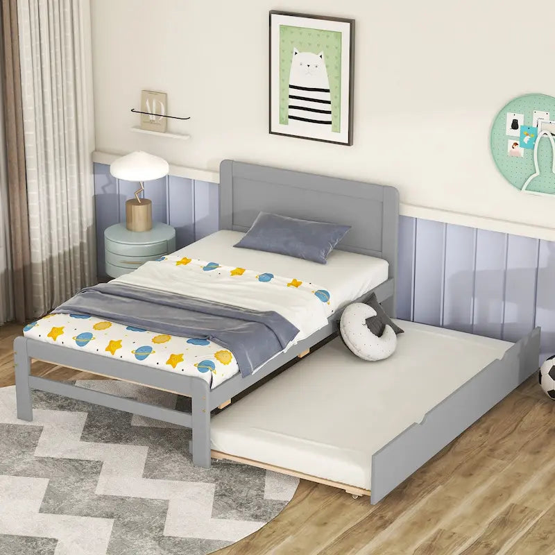 Grey Twin Bed Frame with Roll-Out Trundle