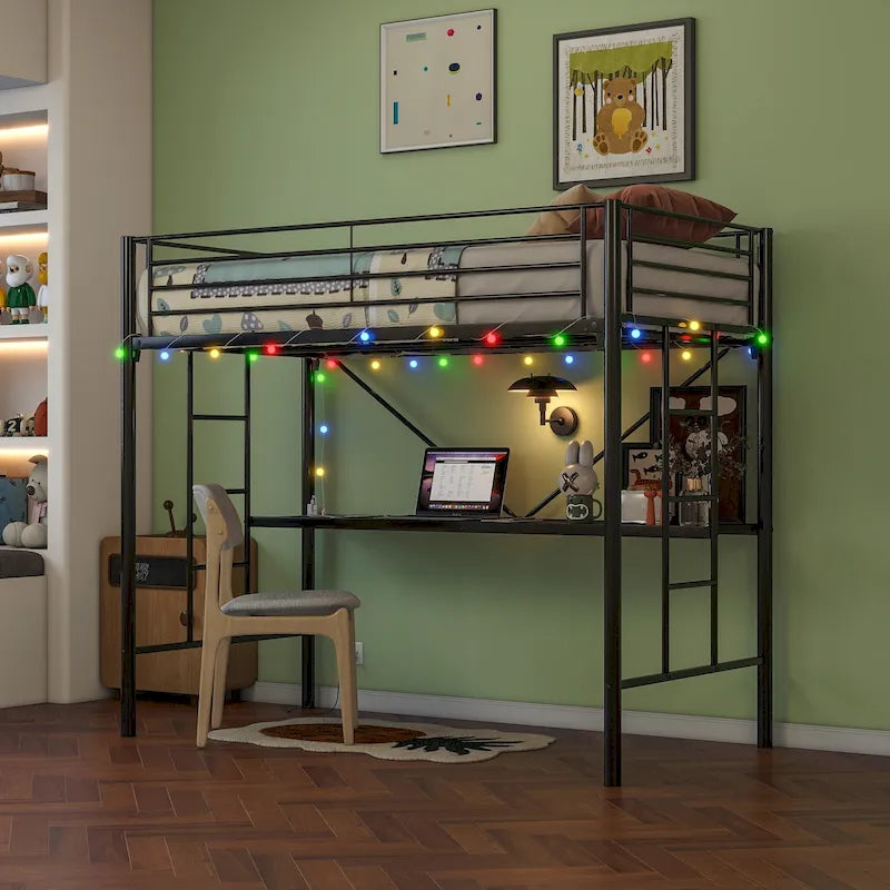 Twin Metal Loft Bed with Desk, LED Lights and Power Outlets