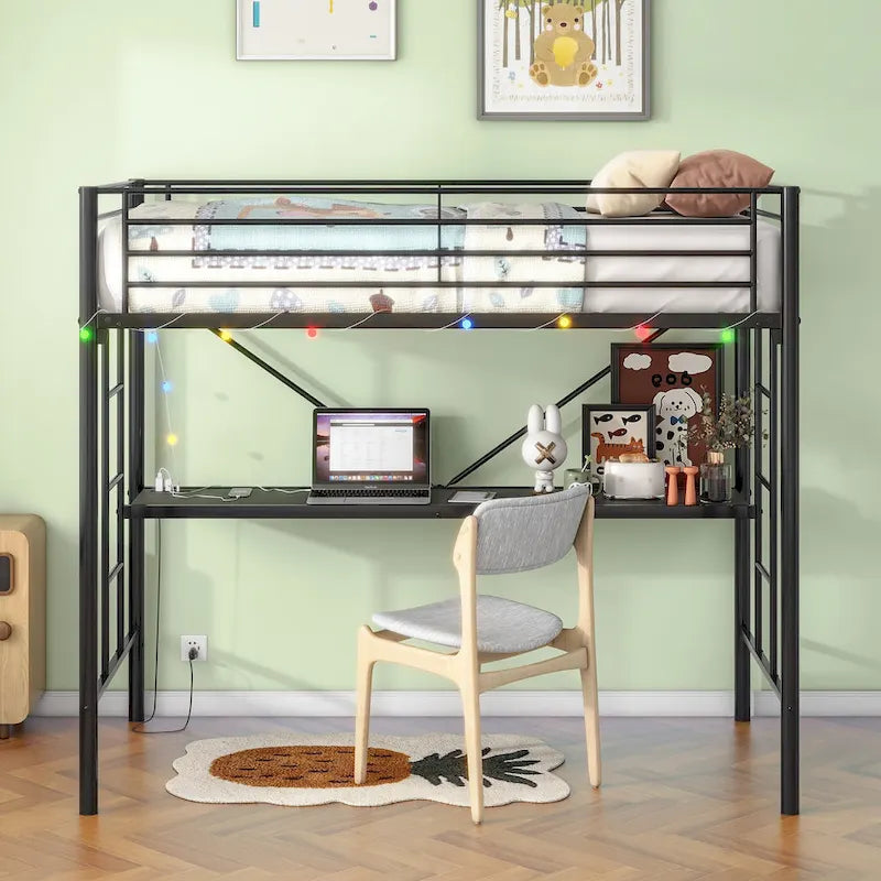 Twin Metal Loft Bed with Desk, LED Lights and Power Outlets