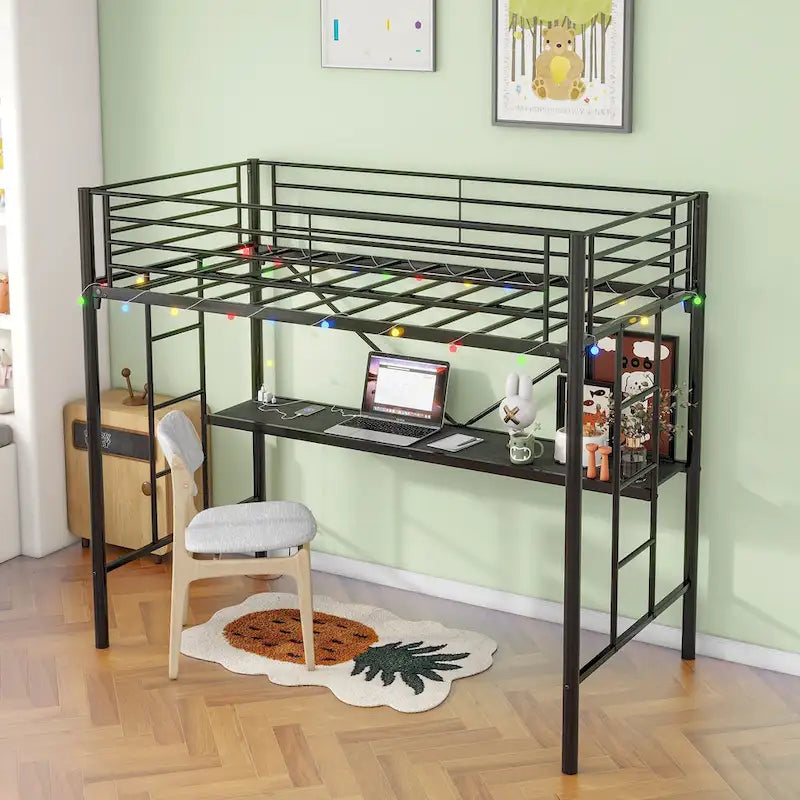 Twin Metal Loft Bed with Desk, LED Lights and Power Outlets
