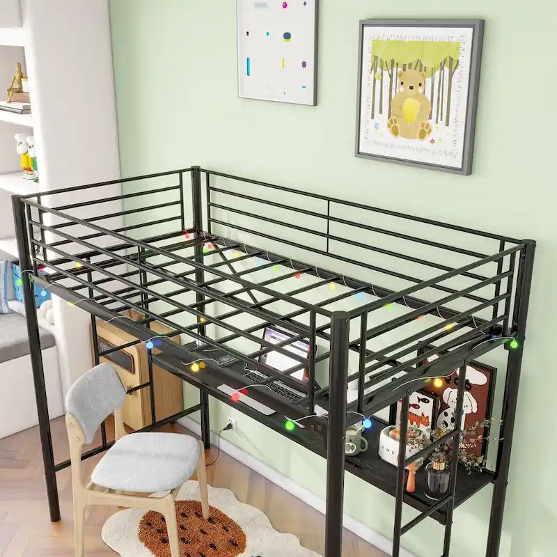 Twin Metal Loft Bed with Desk, LED Lights and Power Outlets