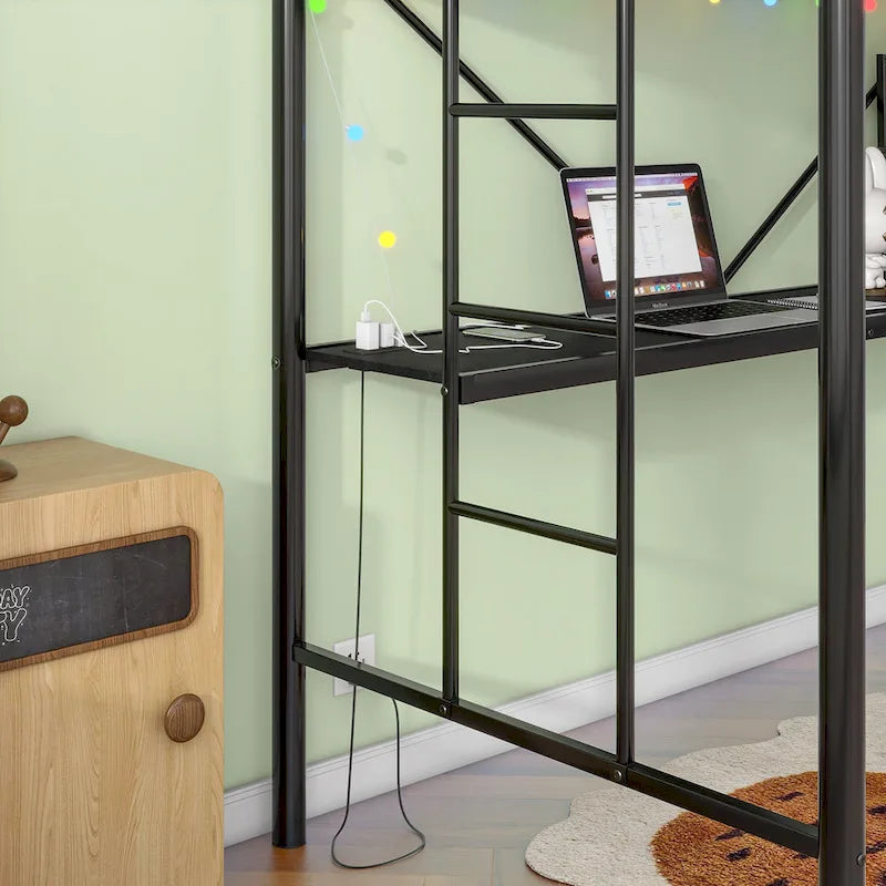 Twin Metal Loft Bed with Desk, LED Lights and Power Outlets