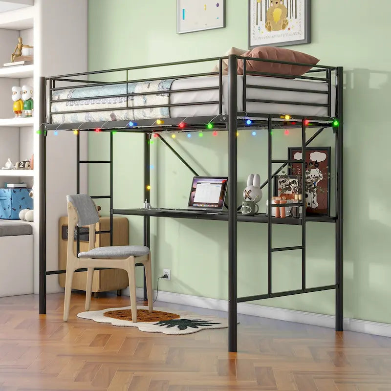 Twin Metal Loft Bed with Desk, LED Lights and Power Outlets