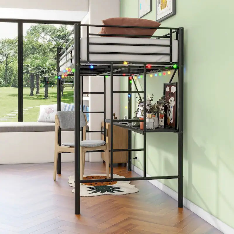 Twin Metal Loft Bed with Desk, LED Lights and Power Outlets