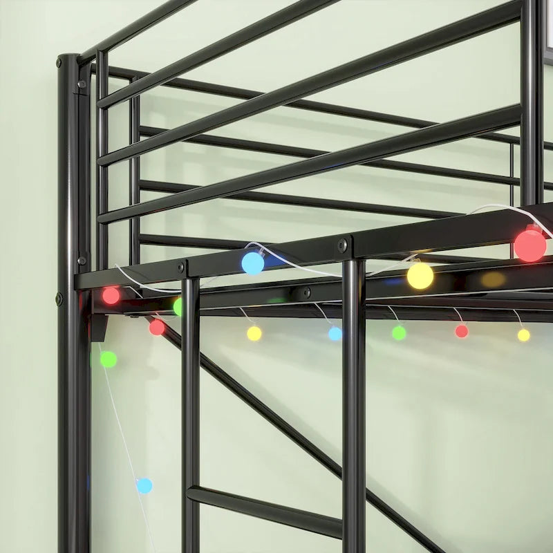 Twin Metal Loft Bed with Desk, LED Lights and Power Outlets