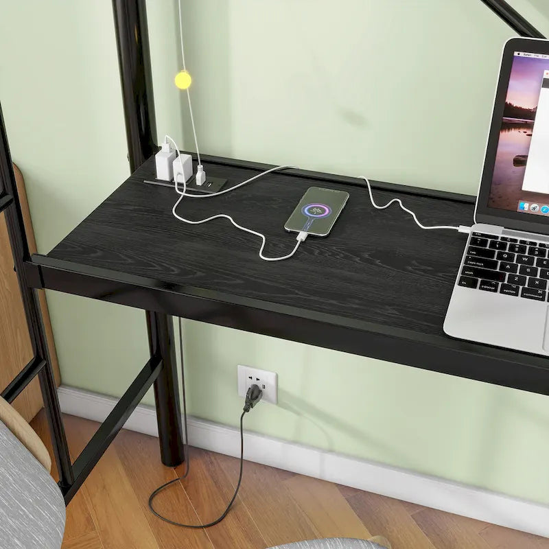 Twin Metal Loft Bed with Desk, LED Lights and Power Outlets