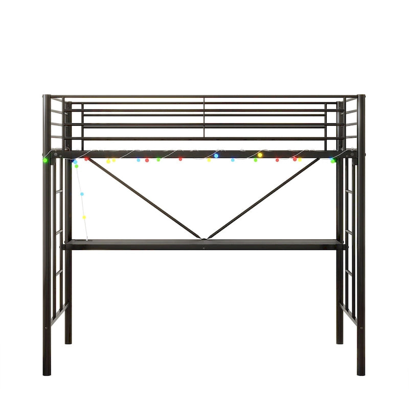 Twin Metal Loft Bed with Desk, LED Lights and Power Outlets