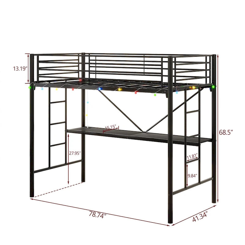 Twin Metal Loft Bed with Desk, LED Lights and Power Outlets