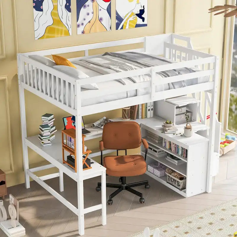 Full Size Wood Loft Bed with Desk, Shelves and Storage Stairs
