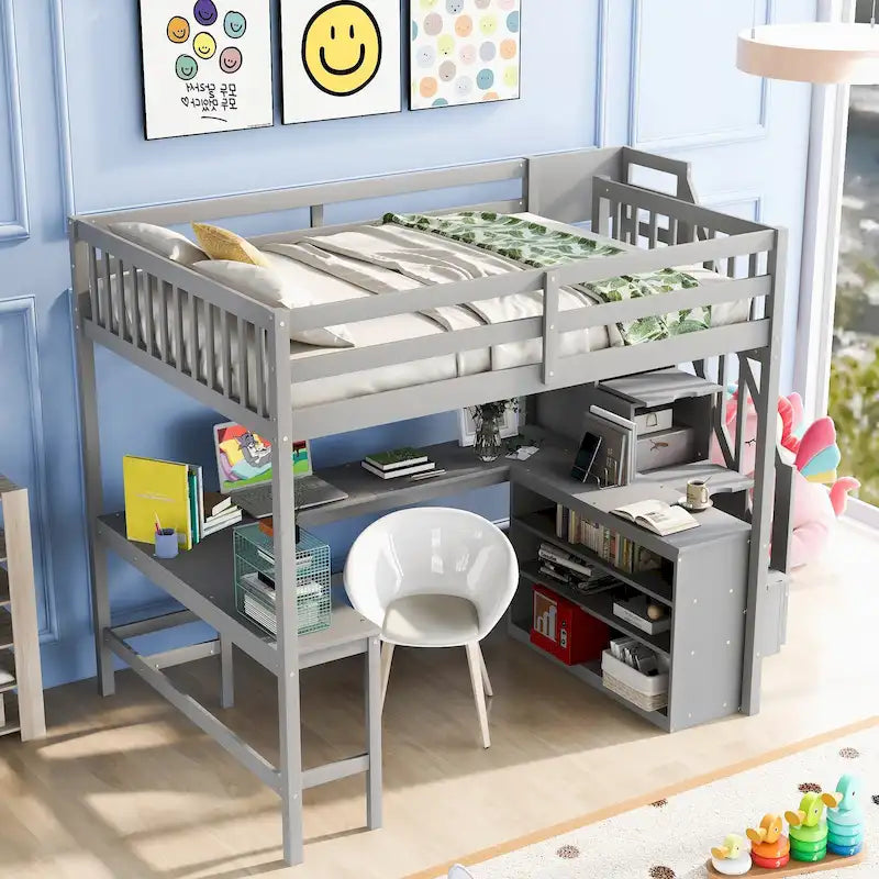 Full Size Wood Loft Bed with Desk, Shelves and Storage Stairs