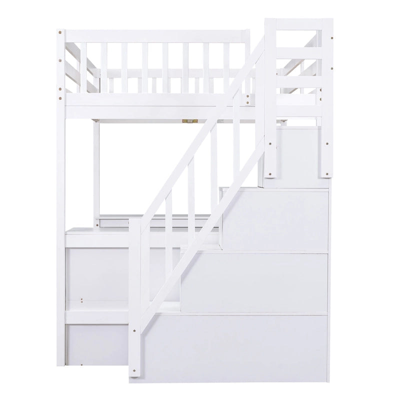 Full Size Wood Loft Bed with Desk, Shelves and Storage Stairs