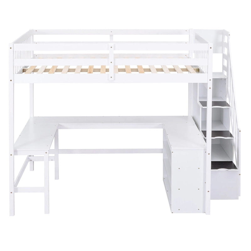 Full Size Wood Loft Bed with Desk, Shelves and Storage Stairs