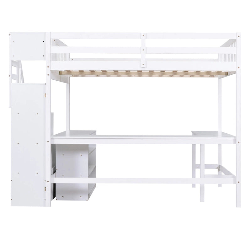 Full Size Wood Loft Bed with Desk, Shelves and Storage Stairs