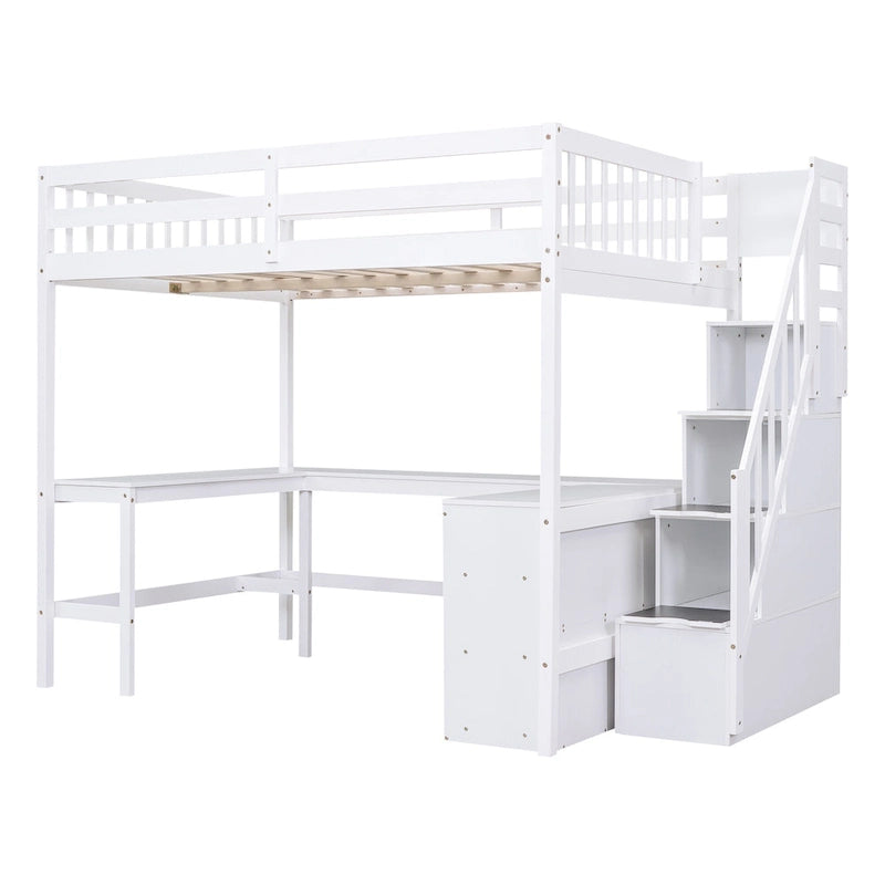 Full Size Wood Loft Bed with Desk, Shelves and Storage Stairs