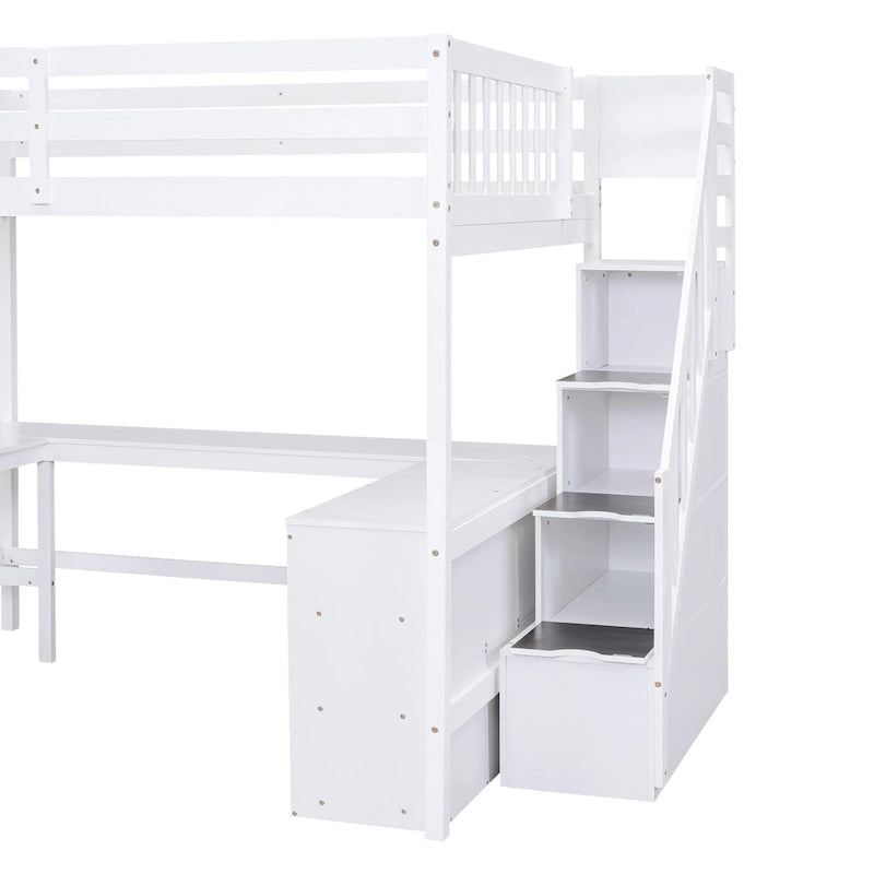 Full Size Wood Loft Bed with Desk, Shelves and Storage Stairs