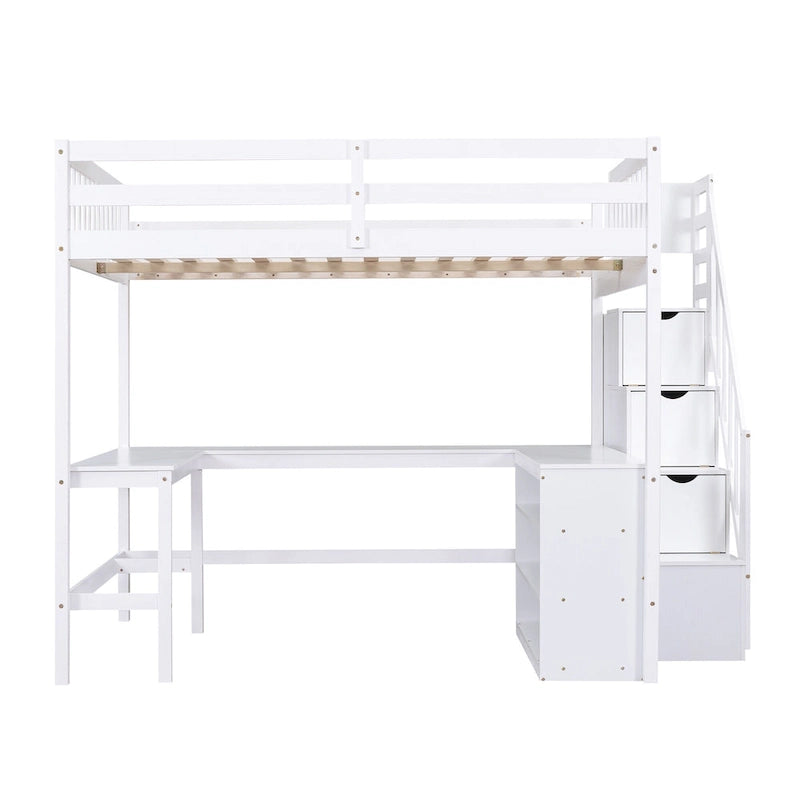 Full Size Wood Loft Bed with Desk, Shelves and Storage Stairs
