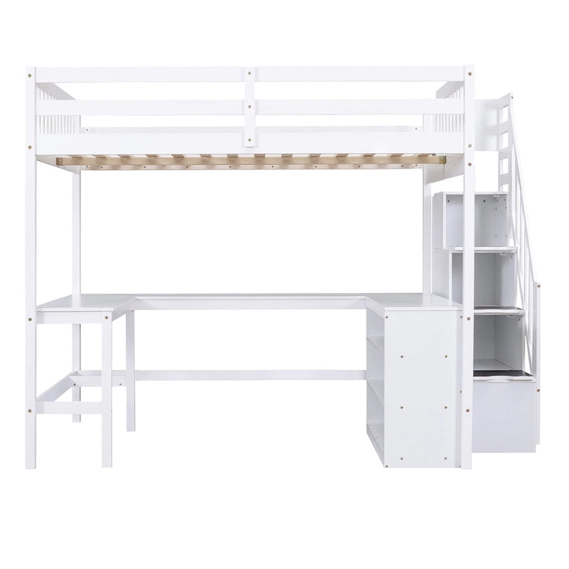 Full Size Wood Loft Bed with Desk, Shelves and Storage Stairs