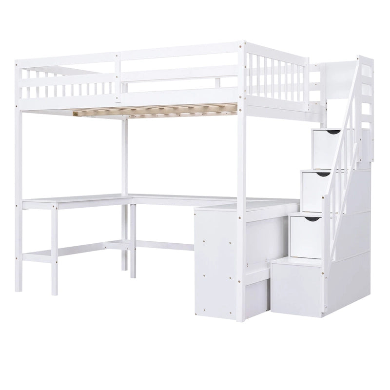 Full Size Wood Loft Bed with Desk, Shelves and Storage Stairs